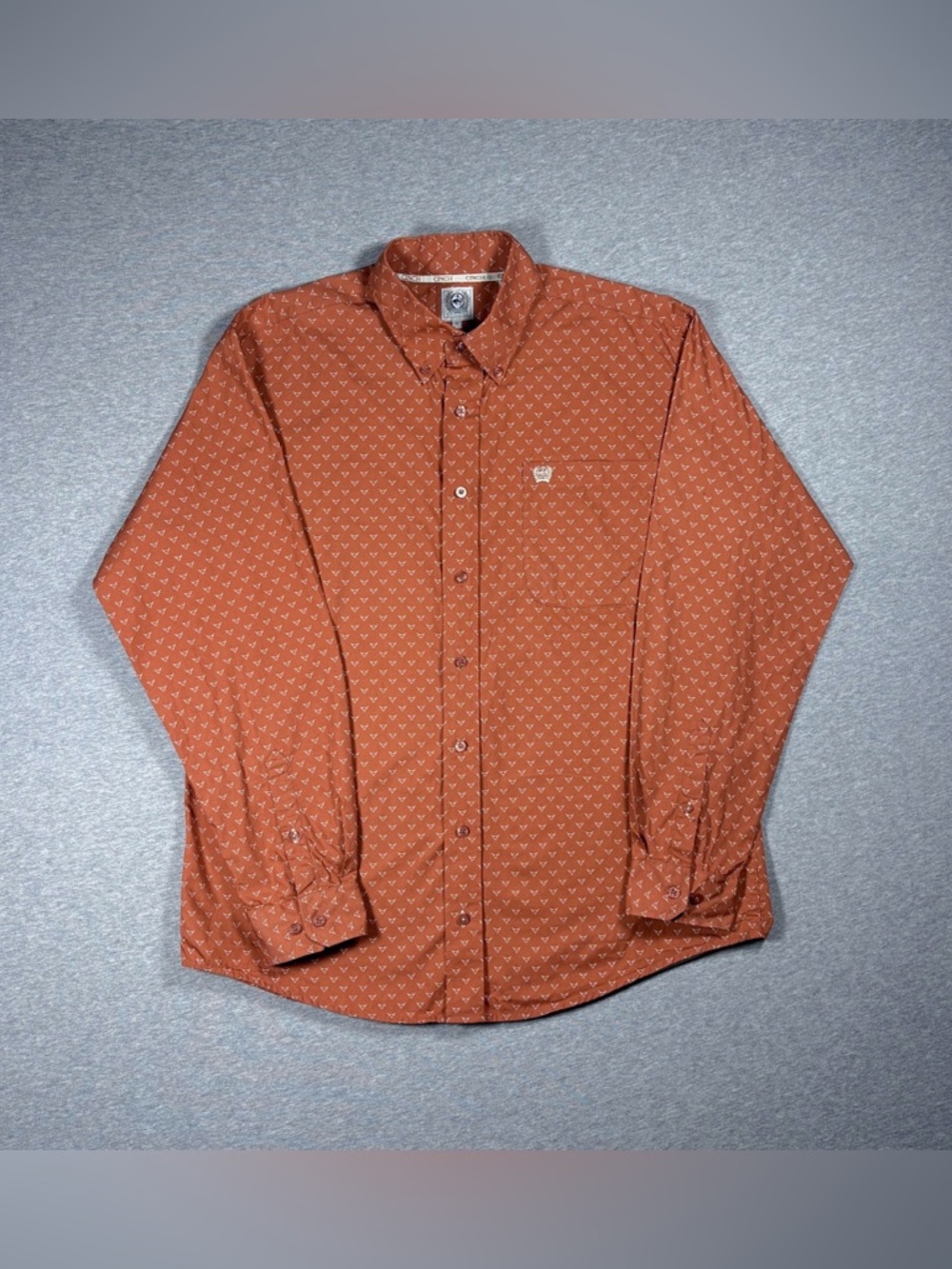 Cinch Button Up Shirt Orange Steer Print Long Sleeve Mens Size S Cotton Western